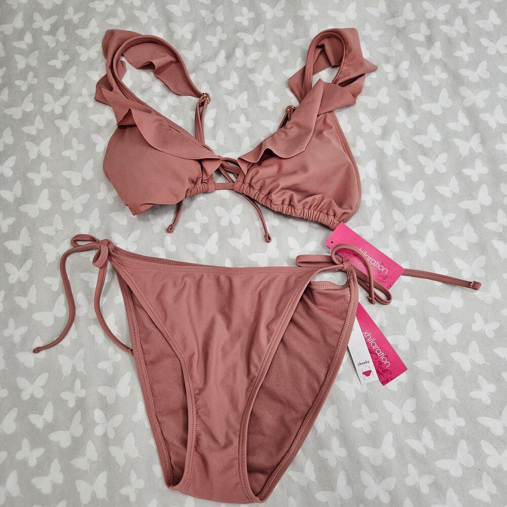 Xhilaration Ruffle Bikini Dusty Rose Pink Size L 8-10 NWT Beach Resort Summer